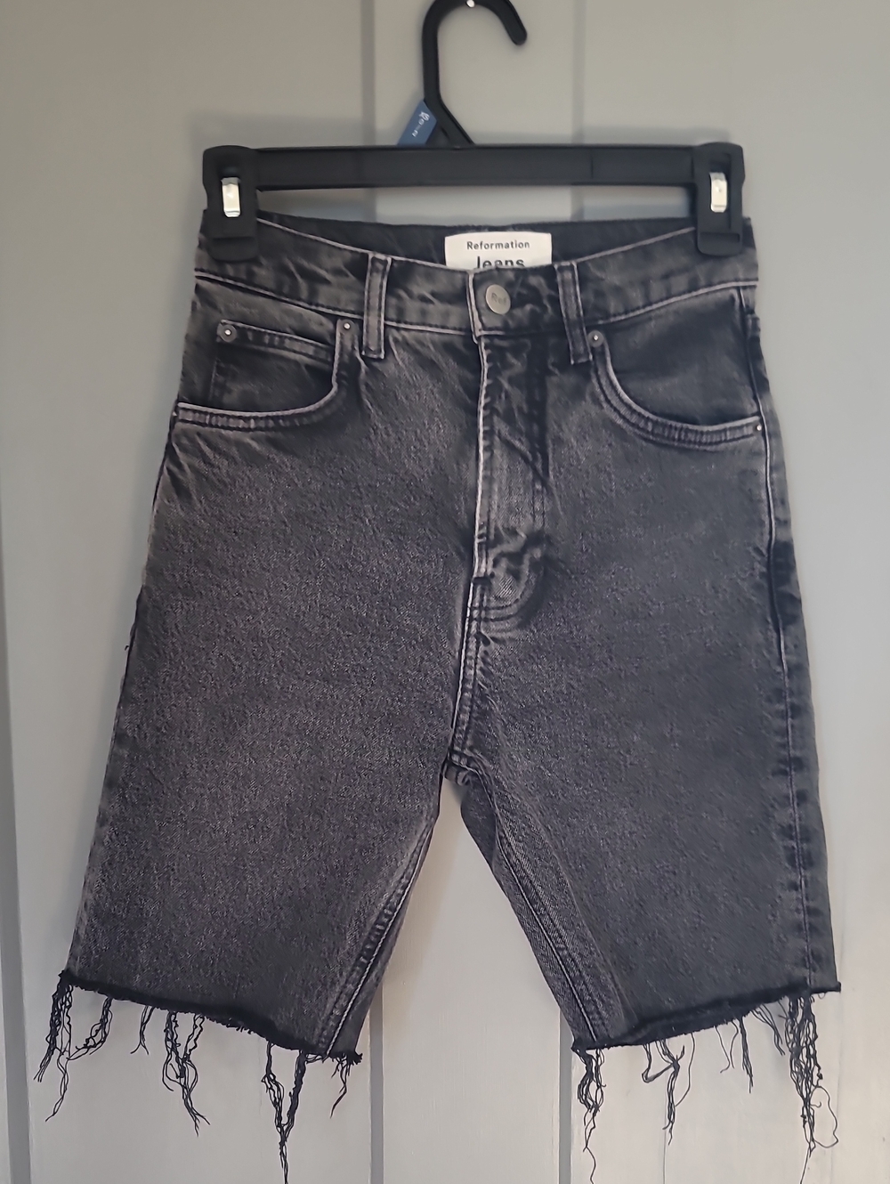 Reformation Black Distressed Hem Denim Shorts